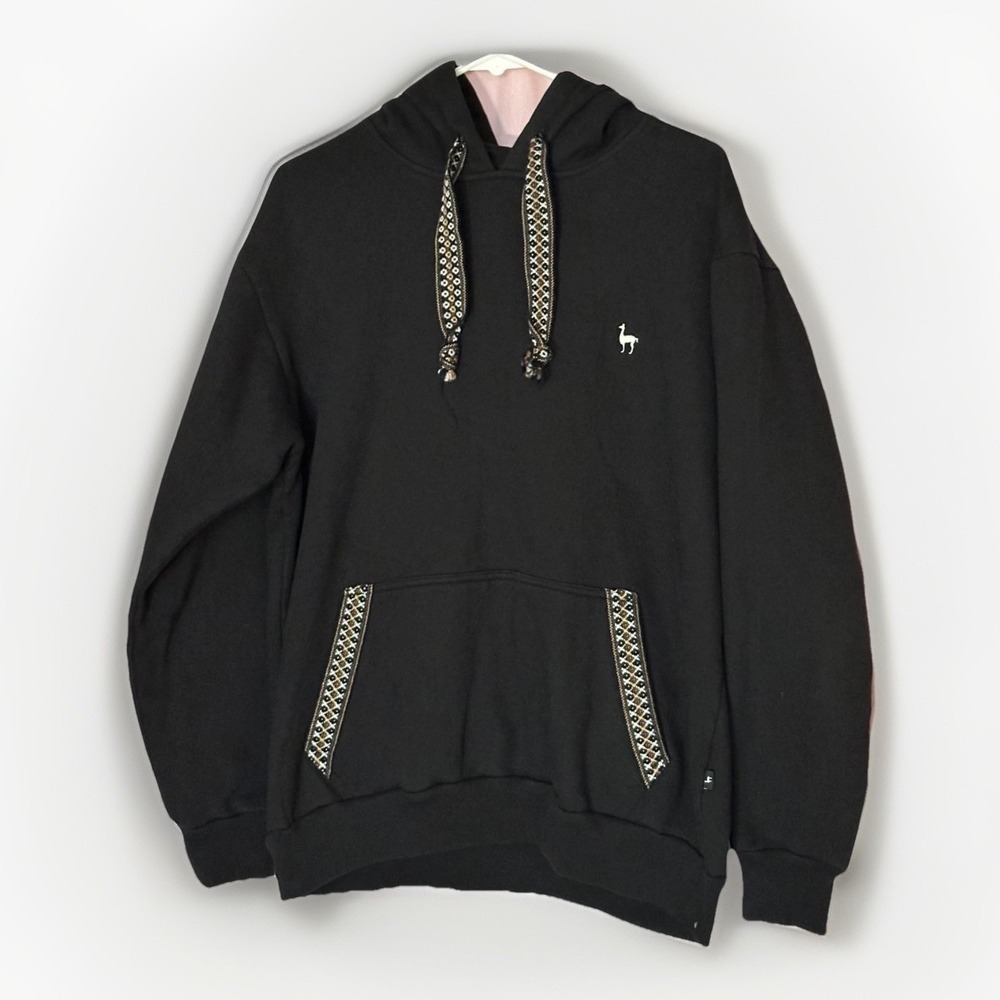 Illari Black Hoodie Mens L Peruvian Pattern Pocket Hood Trim Cotton Retro Tribal